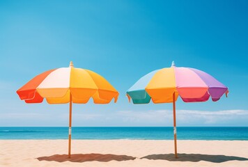 Fototapeta na wymiar a of two colorful umbrellas with a blue sky