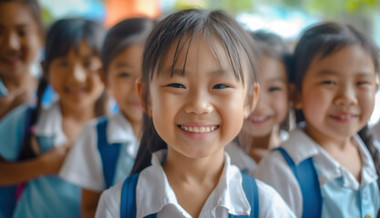 Group of elementary school children standing with happily smiling and bright eyes showing their happiness at school.