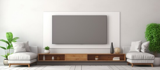 A contemporary living room featuring a comfortable couch, a stylish chair, and a wall-mounted smart TV with a blank screen. The room is well-lit and neatly arranged.