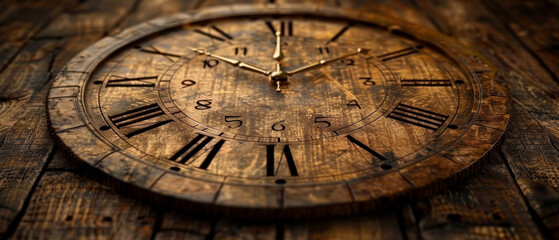 Fototapeta na wymiar Detailed image of an antique wooden clock, showing the carved numerals and hands on a rustic background