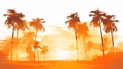 a sunny orange background with palm trees