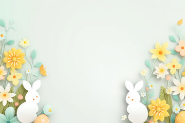 Fototapeta na wymiar easter background with colorful eggs bunny and flowers on white background.happy Easter, spring, farm, holiday,festive scene , greeting cards, posters, .Easter holiday card concept.copy space 