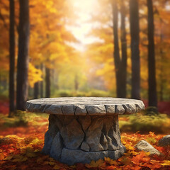 Obraz premium Top of a stone table with autumn forest background for product display