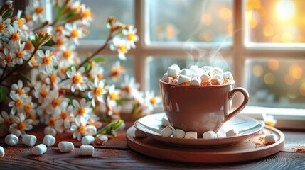 A cup of hot chocolate with marshmallows on a saucer