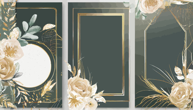 Luxury Social Media Wedding invite frame templates. Vector background. Mockup for social media banner. mobile Floral golden collage layout design