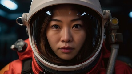 asian woman astronaut with helmet inside spacecraft.Generative AI