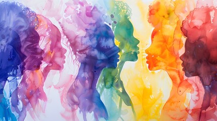 Abstract colorful art watercolor painting depicts International Women's Day, 8 March of different cultures and ethnicities together. concept of gender equality and the female empowerment movement.