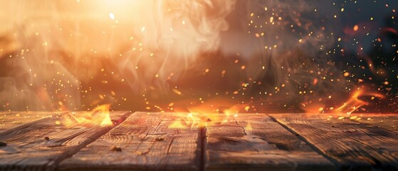 Wooden table with fire burning at the edge, fire particles and smoke in air, display background - obrazy, fototapety, plakaty