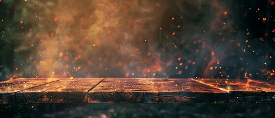 Wooden table with fire burning at the edge, fire particles and smoke in air, display background