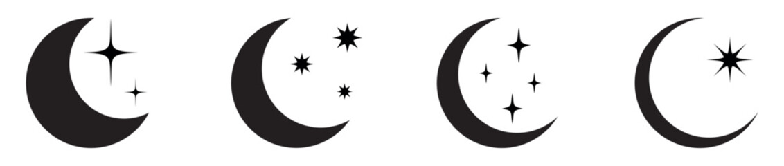 Moon crescent icon set. Half moon filled vector icon sign symbol. Half moon, crescent with star, night sky background. Vector Illustration - obrazy, fototapety, plakaty