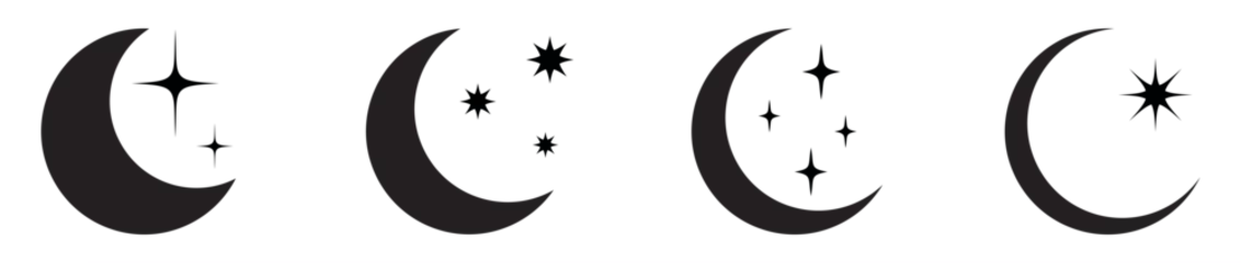 Fotobehang Moon crescent icon set. Half moon filled vector icon sign symbol. Half moon, crescent with star, night sky background. Vector Illustration © Sophia