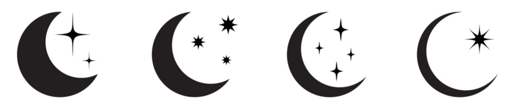Moon crescent icon set. Half moon filled vector icon sign symbol. Half moon, crescent with star, night sky background. Vector Illustration