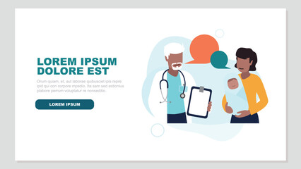 Vektor-Illustration eines Arztes im Gespräch mit einer jungen Mutter und ihrem neugeborenen Baby - Gesundheit Konzept