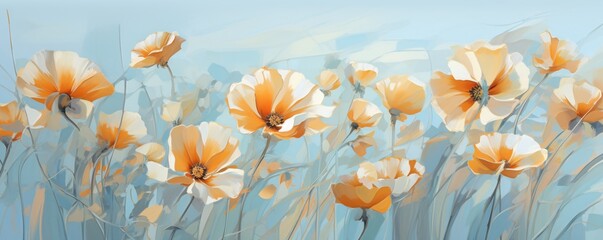 a painting of many orange flowers against the blue sky