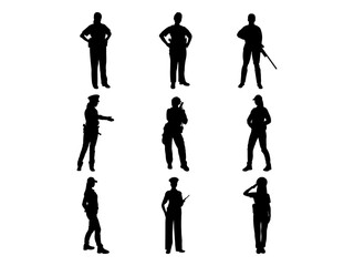 Set of Female Police Officer Silhouette in various poses isolated on white background
