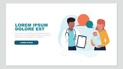 Vektor-Illustration eines Arztes im Gespräch mit einer jungen Mutter und ihrem neugeborenen Baby - Gesundheit Konzept