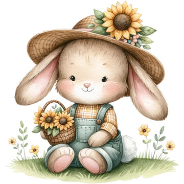 cute watercolor bunny with sunflower,sunflower lover, spring flowers