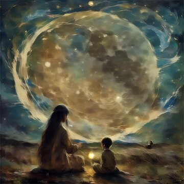 Magical-Full-Moon-and-Fantasy-Figures-in-Night-Landscape,An enchanting night landscape where fantasy figures gaze at a mystical full moon, surrounded by a halo of celestial light