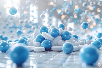 a pharmaceutica full of blue and white pills, in the style of photorealistic still life, colorful. Generative AI - obrazy, fototapety, plakaty