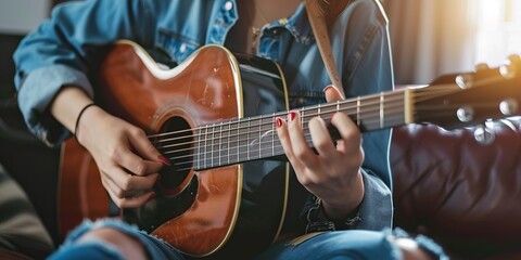 Obraz premium Woman play acoustic guitar in closeup, concept of Musical performance