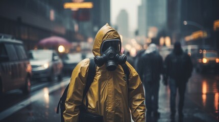 Man using bio hazard suit in on city streets due to pollution and contamination - obrazy, fototapety, plakaty
