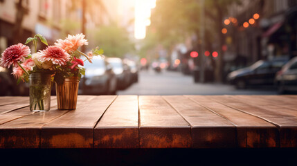 a table with flowers on it in front of a street scene