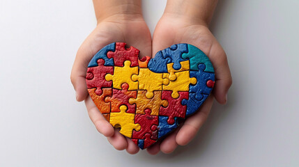 Child's hands holding a multicolored ball made up with puzzle pieces on dark blue background. The symbol of World Autism awareness day.