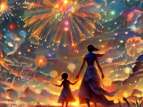 Firework-Celebration-in-Dreamlike-Fantasy-Field,A captivating scene of two silhouetted figures watching fireworks explode in a vibrant, dreamlike fantasy field, symbolizing joy and celebration
