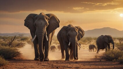 elephants at sunset - obrazy, fototapety, plakaty