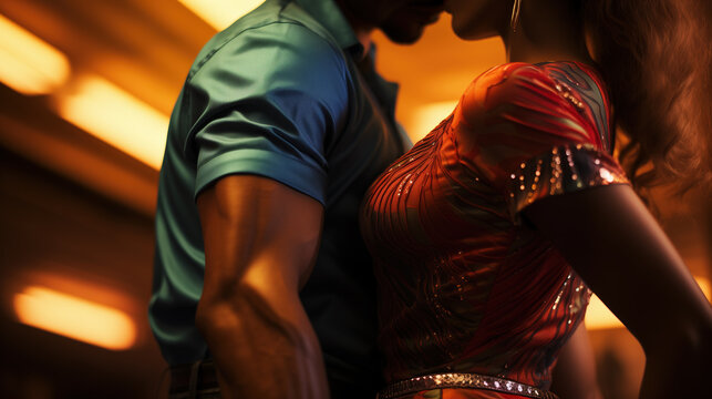 Sensual Latin American couple in vibrant silky clothes dancing seductive salsa in a club. Beautiful young people feeling attracted to each other, having fun at a social dance party. Romance, passion.