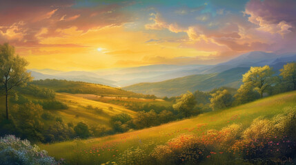 A serene and tranquil scene of a sunrise or sunset over rolling hills and fields representing the spiritual significance of Easter and the start of a new day.