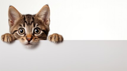 A kitten peeking over a blank white sign placard with its paws up.