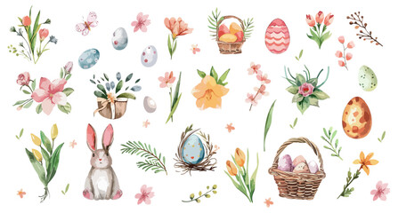 easter watercolor set elements isolated on transparent background.