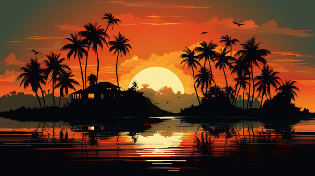 Orange sunset paints island silhouettes in the evening sky.