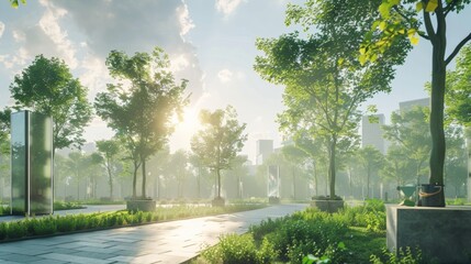 Naklejka premium Misty City Park at Dawn with Modern Skyscrapers Looming in the Background