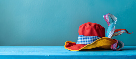Vibrant Clown Hat on Blue Background - April Fool's Day Concept - obrazy, fototapety, plakaty