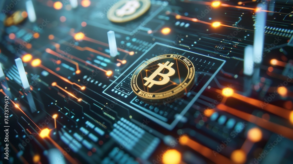 Aufkleber bitcoin cryptocurrency coin on circuit board: a macro shot of a golden bitcoin with glowing circuitr