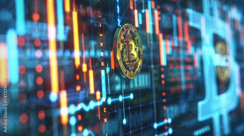 Aufkleber bitcoin cryptocurrency coin on circuit board: a macro shot of a golden bitcoin with glowing circuitr