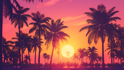 the sun setting over palm trees on a pink and purple 