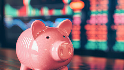 A ceramic piggy bank in focus with a blurred stock market display in the background, symbolizing financial savings and investment.
