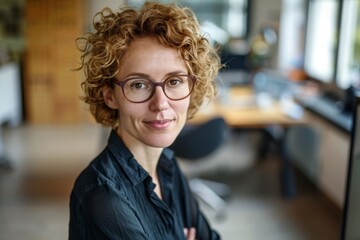 Fototapeta premium Confident Professional Woman with Curly Hair and Glasses in a Modern Office