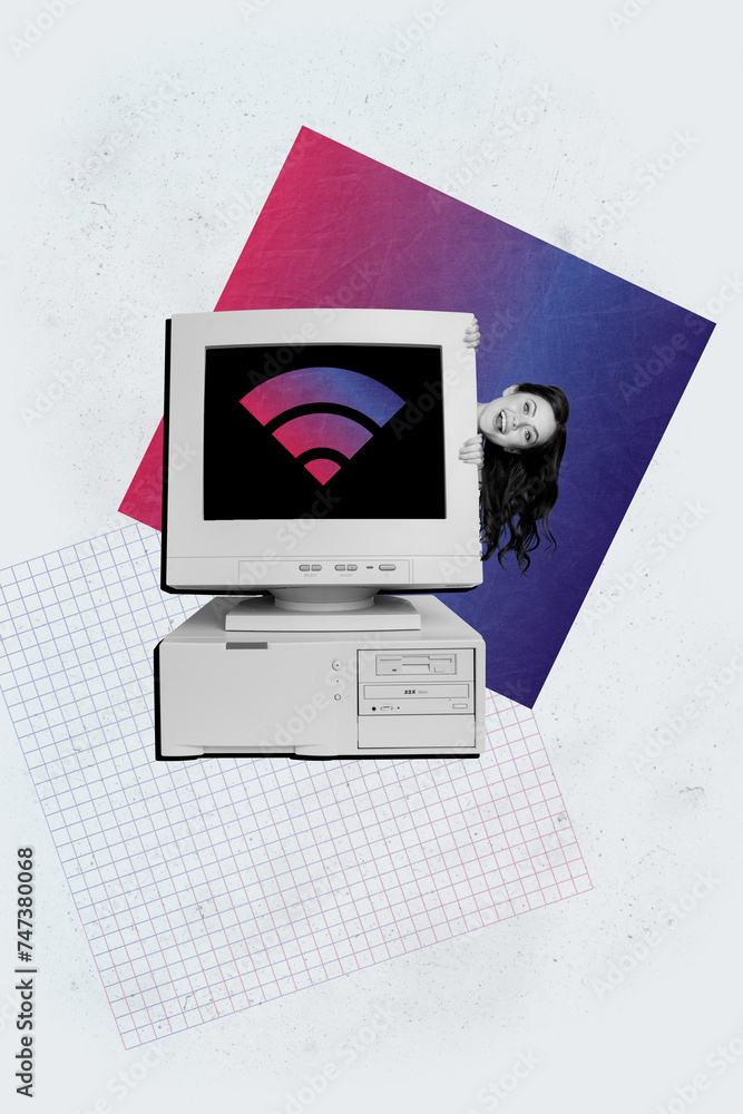Poster vertical graphics collage image of happy young girl peek old computer screensaver wifi signal intern