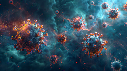 A detailed 3D illustration of a virus particle with spike proteins, set against a backdrop of similar structures in a blue, misty environment. - obrazy, fototapety, plakaty