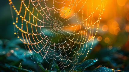 Dew-covered Spiderweb Against the Morning Sunlight