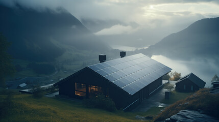 Modern country house with solar panels on the roof, in a dark rural landscape with mountains and lake. Modern technology in the wilderness. Energy efficient living in remote area. - obrazy, fototapety, plakaty