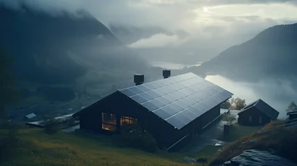 Fotobehang Modern country house with solar panels on the roof, in a dark rural landscape with mountains and lake. Modern technology in the wilderness. Energy efficient living in remote area. © Studio Light & Shade
