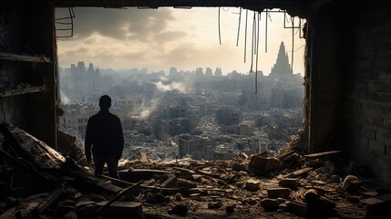 old looking at destroyed city from inside his home