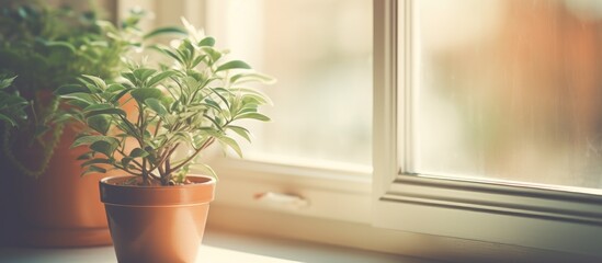 Two small potted plants are placed on a window sill, adding a touch of green decor to the vintage-filtered interior. The plants sit neatly, basking in the natural light filtering through the window.