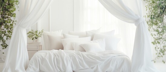 A bed with pristine white sheets is adorned with a canopy overhead, creating a cozy and elegant sleeping space.