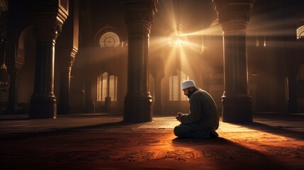 The general plan of the photo is a believer, a Muslim Man performs Worship, prays to Allah in a mosque in the Holy Month of Ramadan Kareem on a carpet. Religion, Islam, Faith in God concepts.